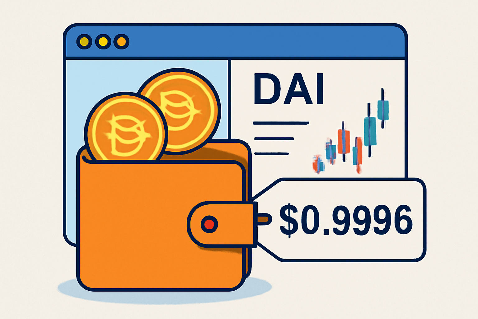 A digital wallet displaying DAI stablecoins, with a price tag showing $0.9996, set against a crypto exchange interface.