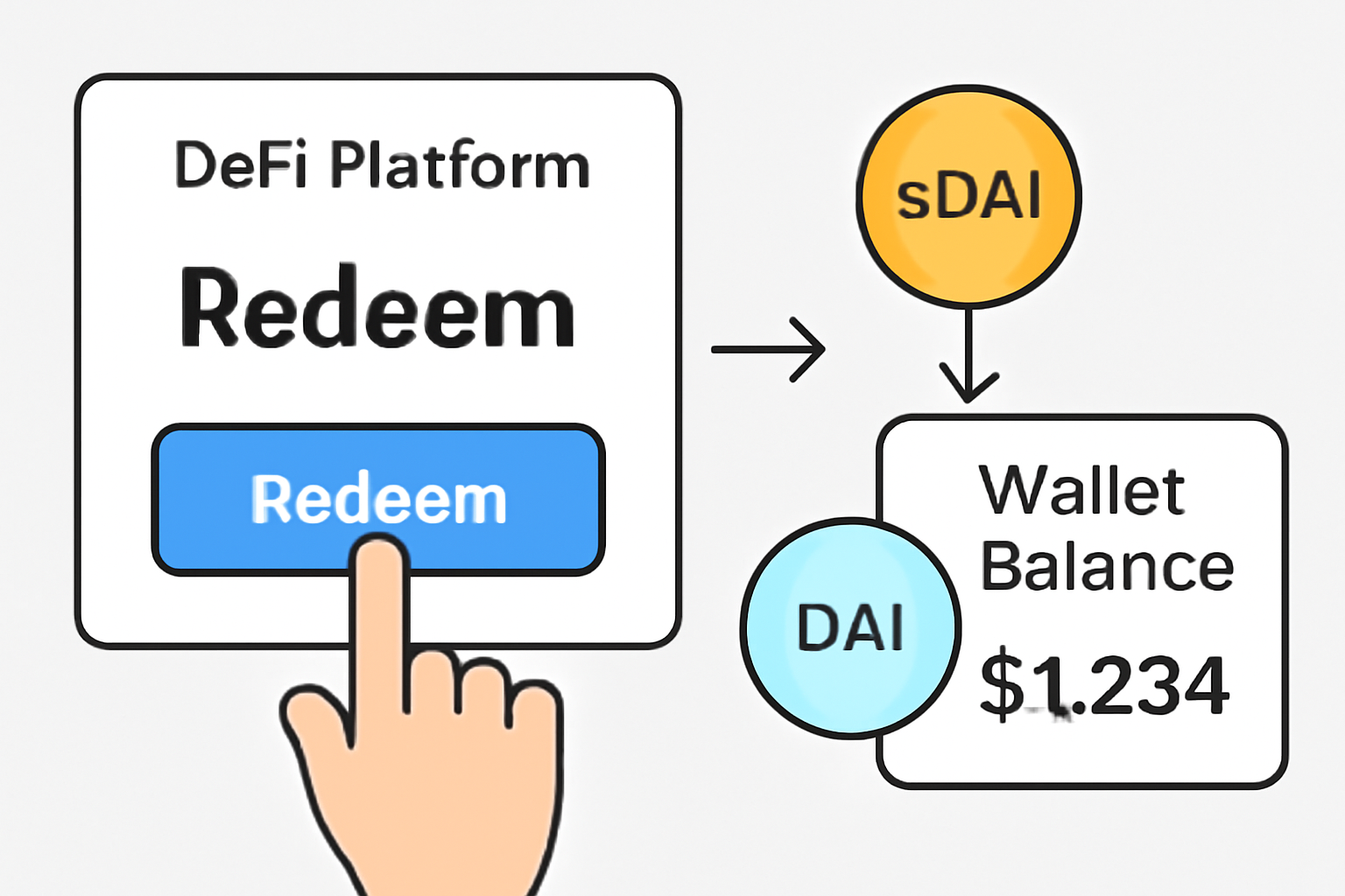 A user clicking 'Redeem' on a DeFi platform, with sDAI converting back to DAI and a wallet balance update.