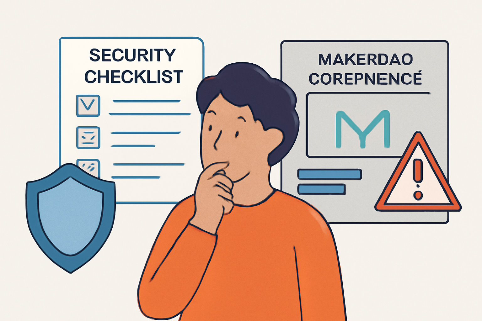 A thoughtful person reviewing a security checklist and a MakerDAO governance dashboard, with shield and warning icons.
