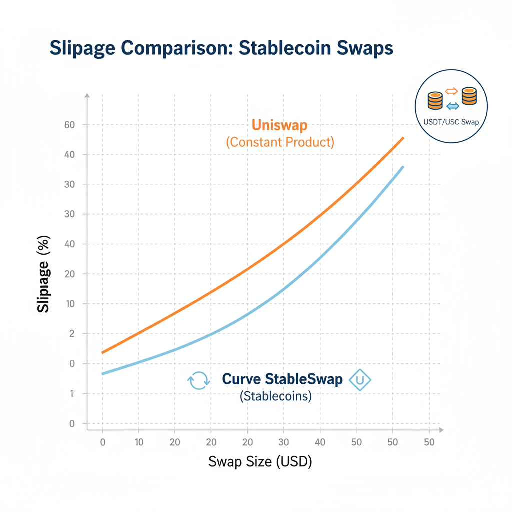 slippage calculation graph for Curve StableSwap vs Uniswap constant product, low slippage curve for stablecoin swap