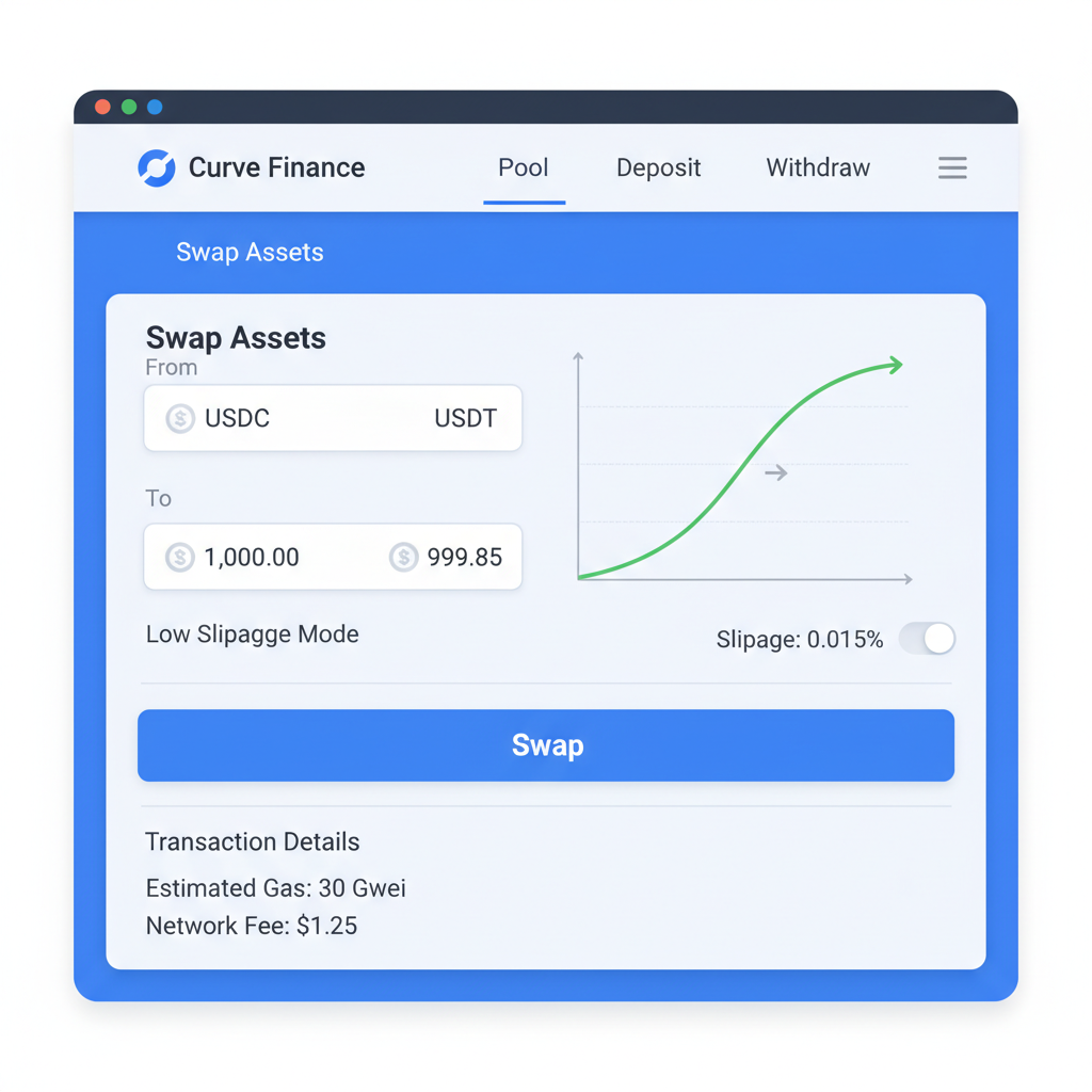 screenshot style Curve Finance UI swapping USDC to USDT low slippage preview graph