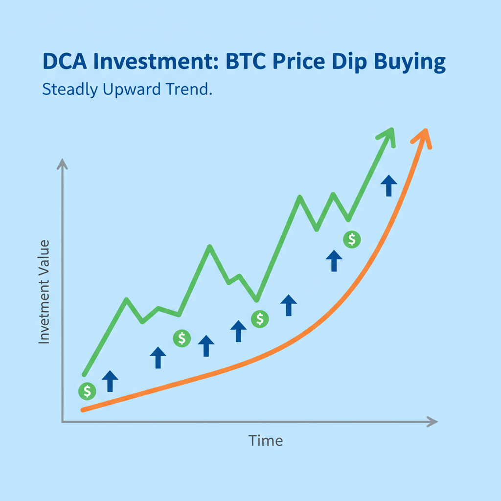 DCA investment chart BTC price dip buying steadily upward trend