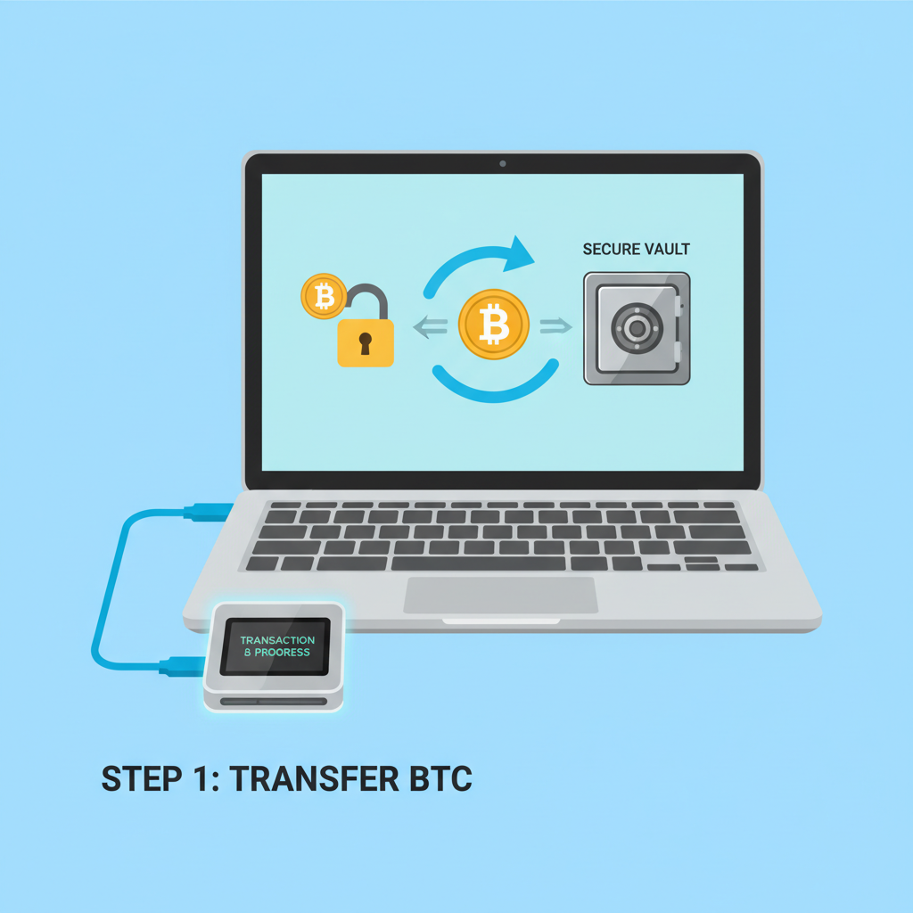 Ledger hardware wallet plugged into laptop transferring BTC icons secure vault
