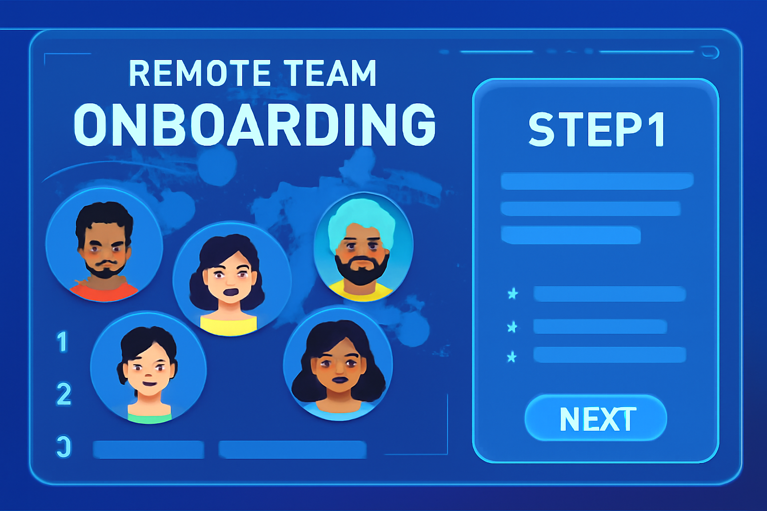 diverse remote team onboarding digital dashboard, futuristic UI, global map background, vibrant blues