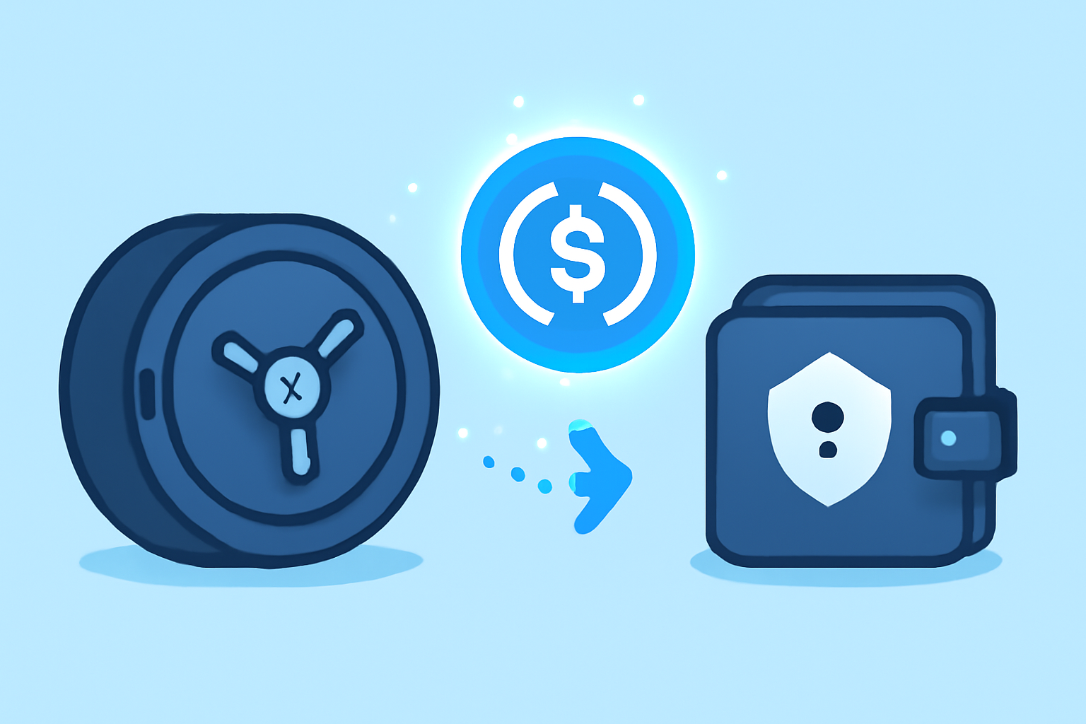 funding crypto wallet with USDC coins, secure digital vault, glowing stablecoin transfer, modern fintech style