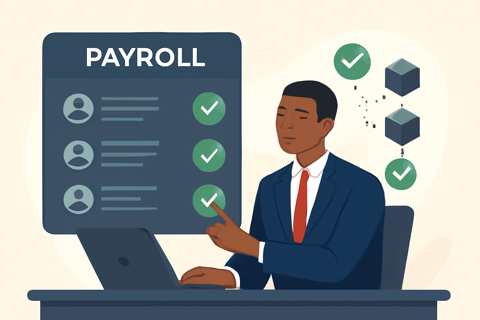executive approving payroll on sleek dashboard, green checkmarks, blockchain verification visuals, dynamic
