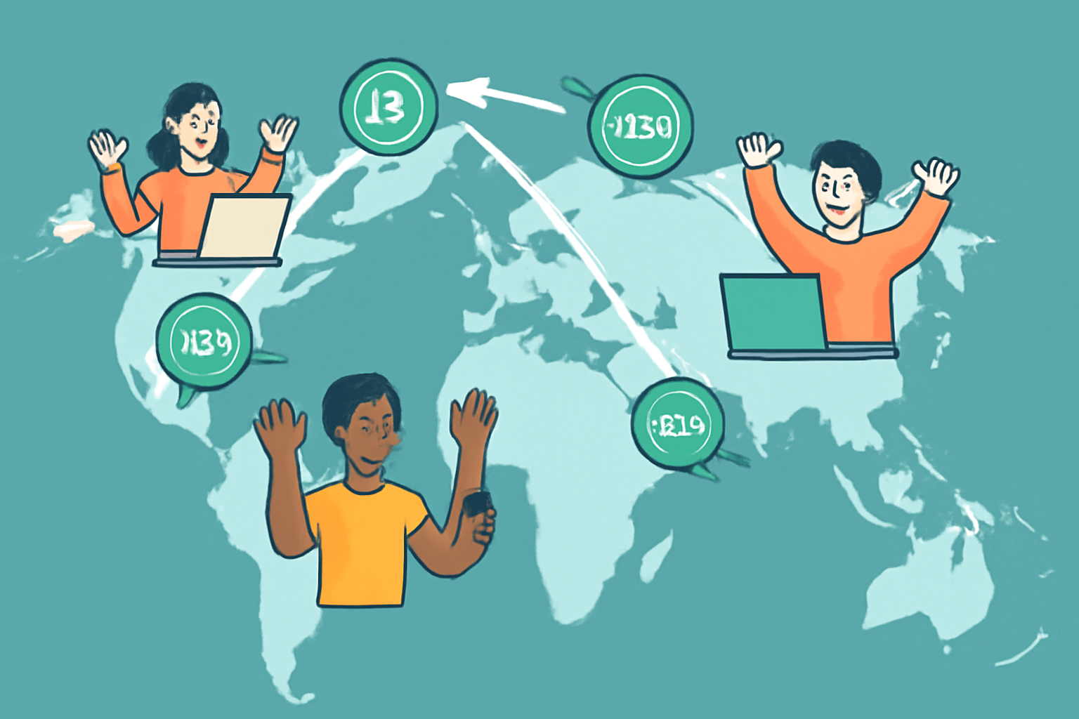 global map with instant USDC payout arrows, remote workers receiving payments, speed lines, celebratory