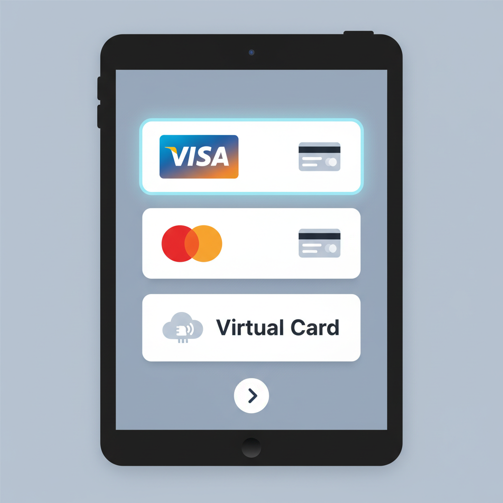 screen showing debit card options Visa Mastercard virtual, icons and selection highlights, sleek design