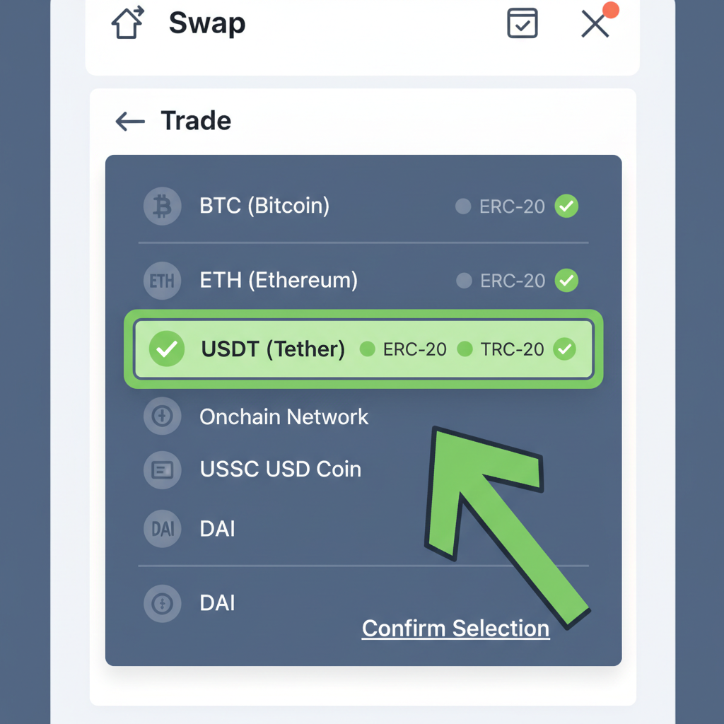 dropdown menu highlighting USDT selection on crypto platform, onchain network icons, green checkmarks