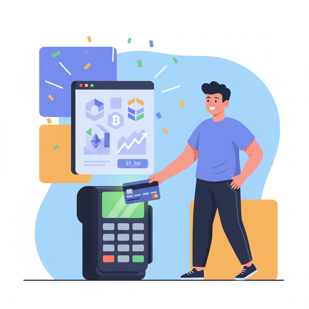 happy user swiping debit card at store POS terminal, crypto wallet in background, vibrant success scene