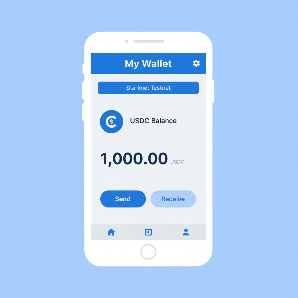 mobile wallet app showing USDC balance on Starknet testnet