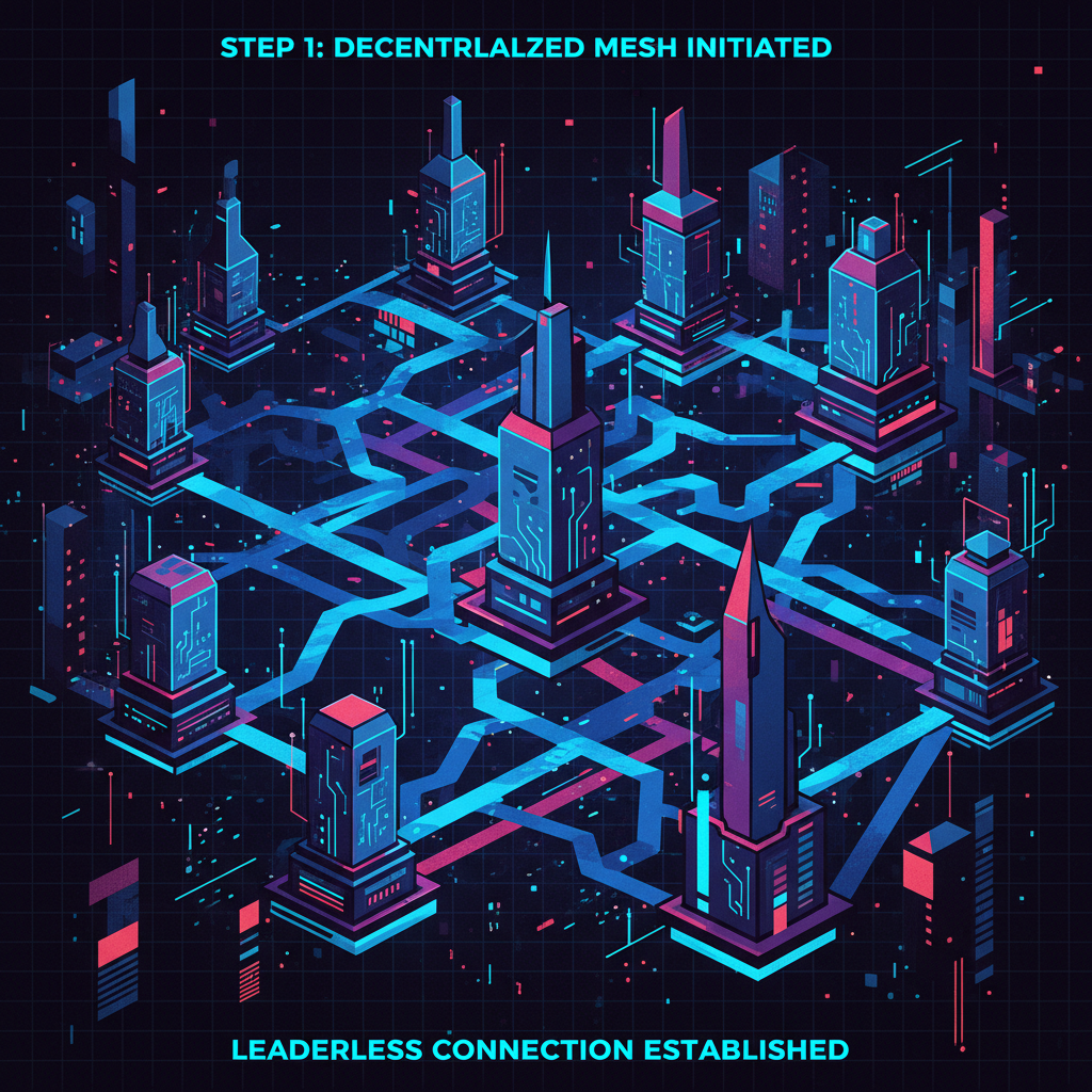 futuristic blockchain nodes connecting in a leaderless network, glowing blue circuits, aggressive cyberpunk style