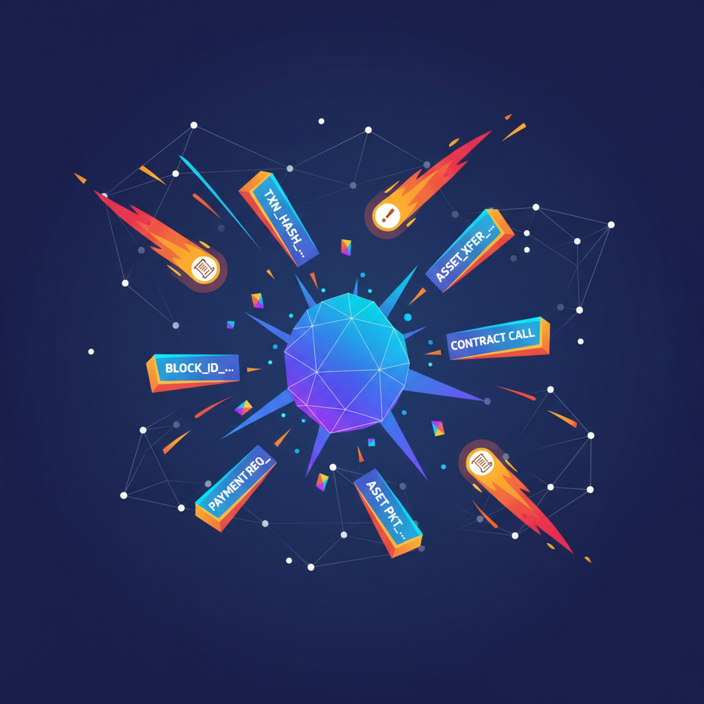 node exploding with transaction prefixes, fiery proposals shooting out, dynamic action blockchain art