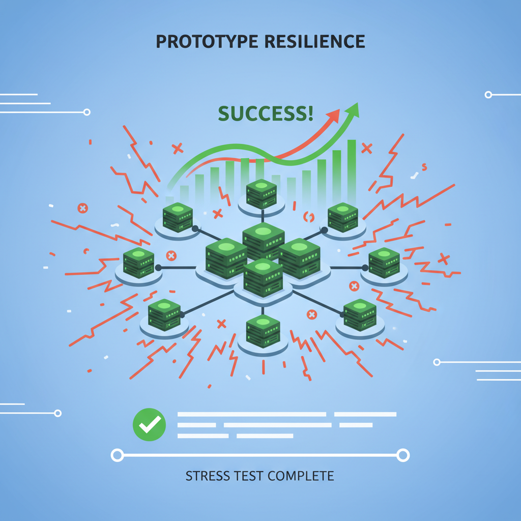 prototype blockchain under stress test, nodes resilient amid chaos, victorious green charts rising