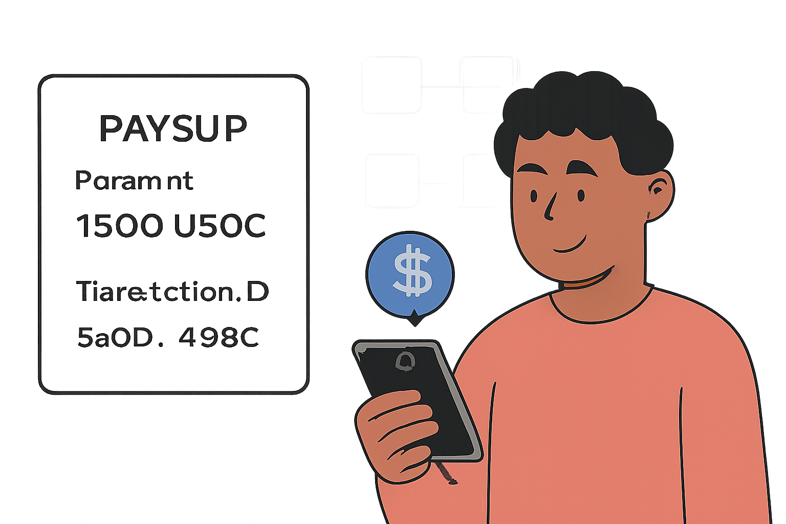 A digital payslip showing USDC payment details and a blockchain transaction ID, employee smiling at notification on device, transparent overlay of blockchain ledger.