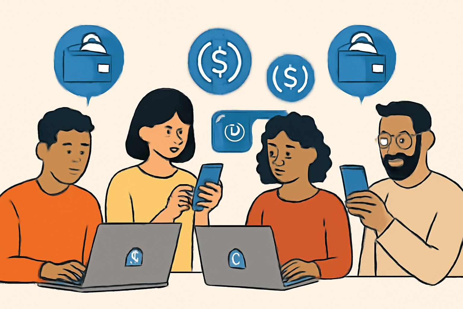 A group of diverse remote workers setting up crypto wallets on laptops and phones, digital wallet icons, USDC symbol, secure padlock imagery.