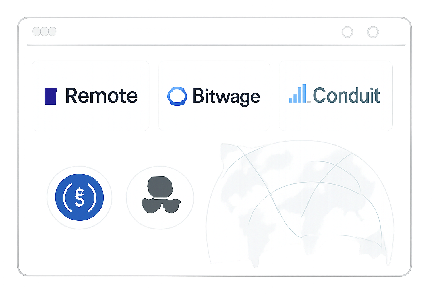 A dashboard showing logos of Remote, Bitwage, and Conduit, with USDC and blockchain network icons, modern SaaS interface, global connectivity lines.