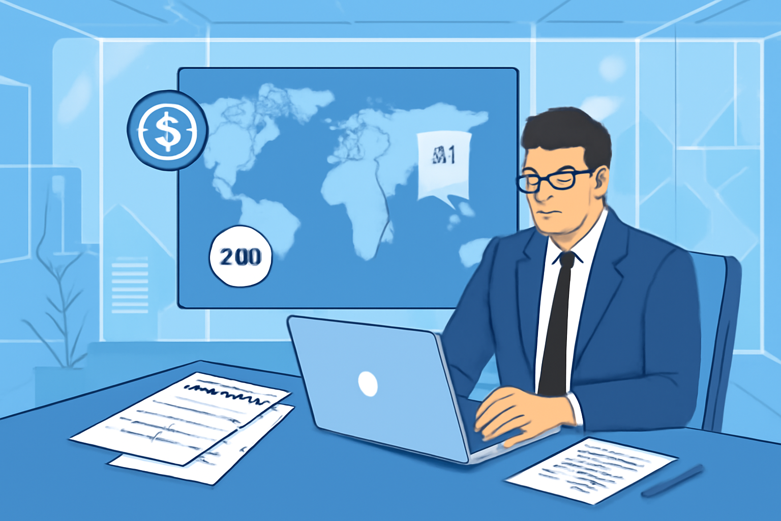 A legal advisor reviewing international crypto payroll regulations with a laptop and global map, futuristic office, compliance documents visible, digital icons for USDC and tax.