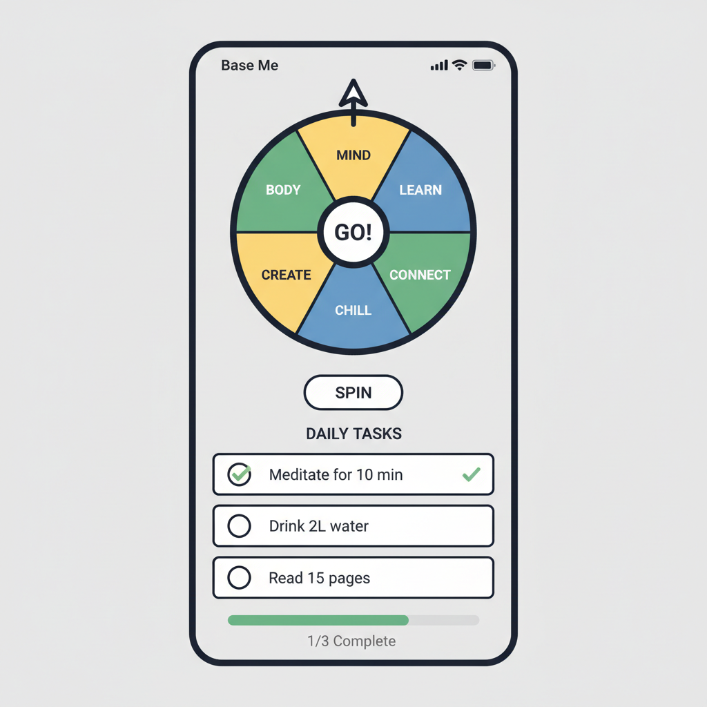 Base Me mini app spinning wheel and task checklist interface