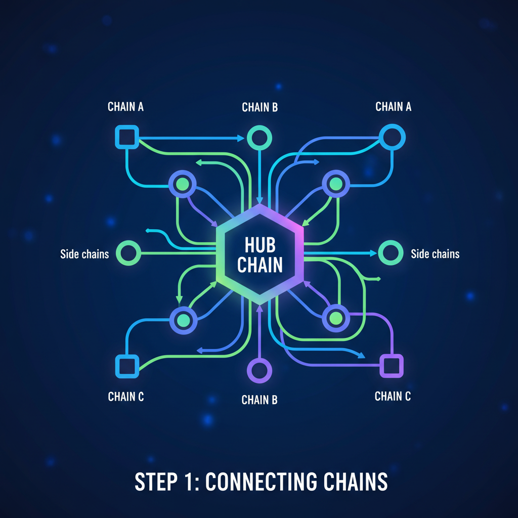 multi-chain network diagram, glowing interconnected blockchains, abstract nodes