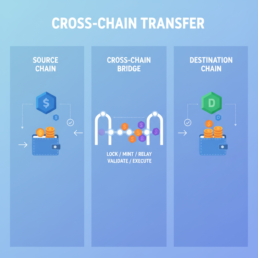 cross-chain transfer animation, funds flowing between blockchains effortlessly