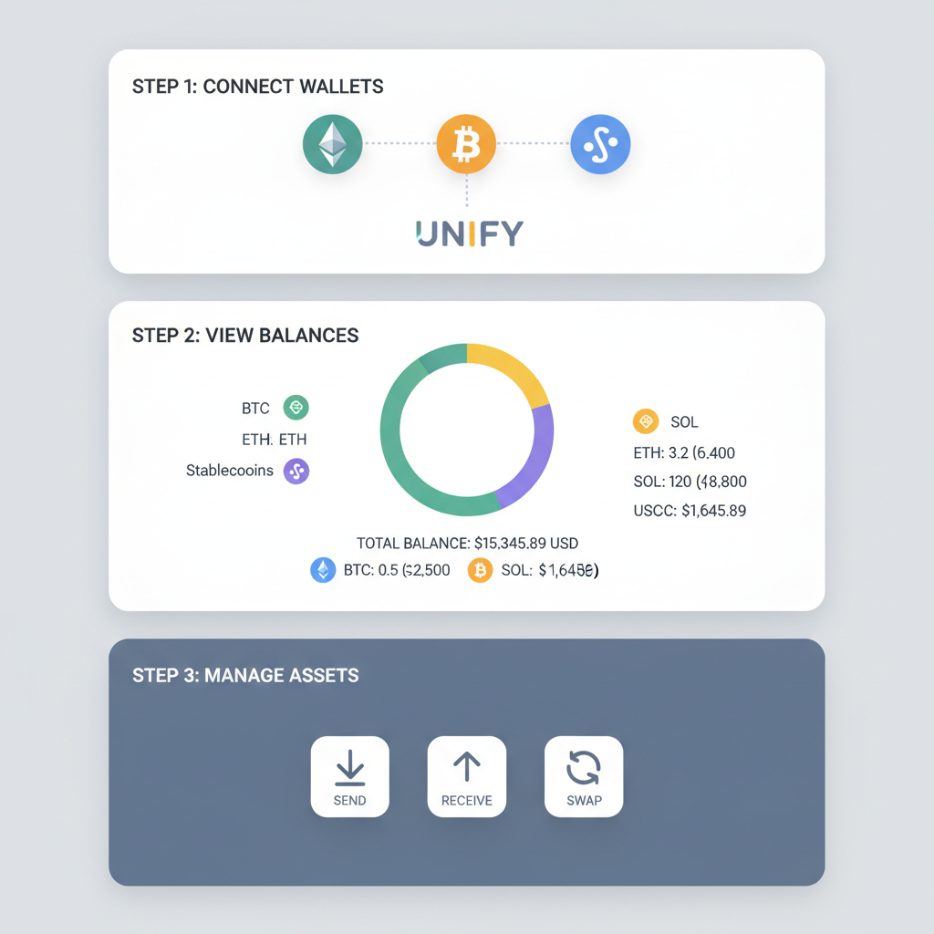 unified wallet dashboard showing multi-chain balances, clean modern UI