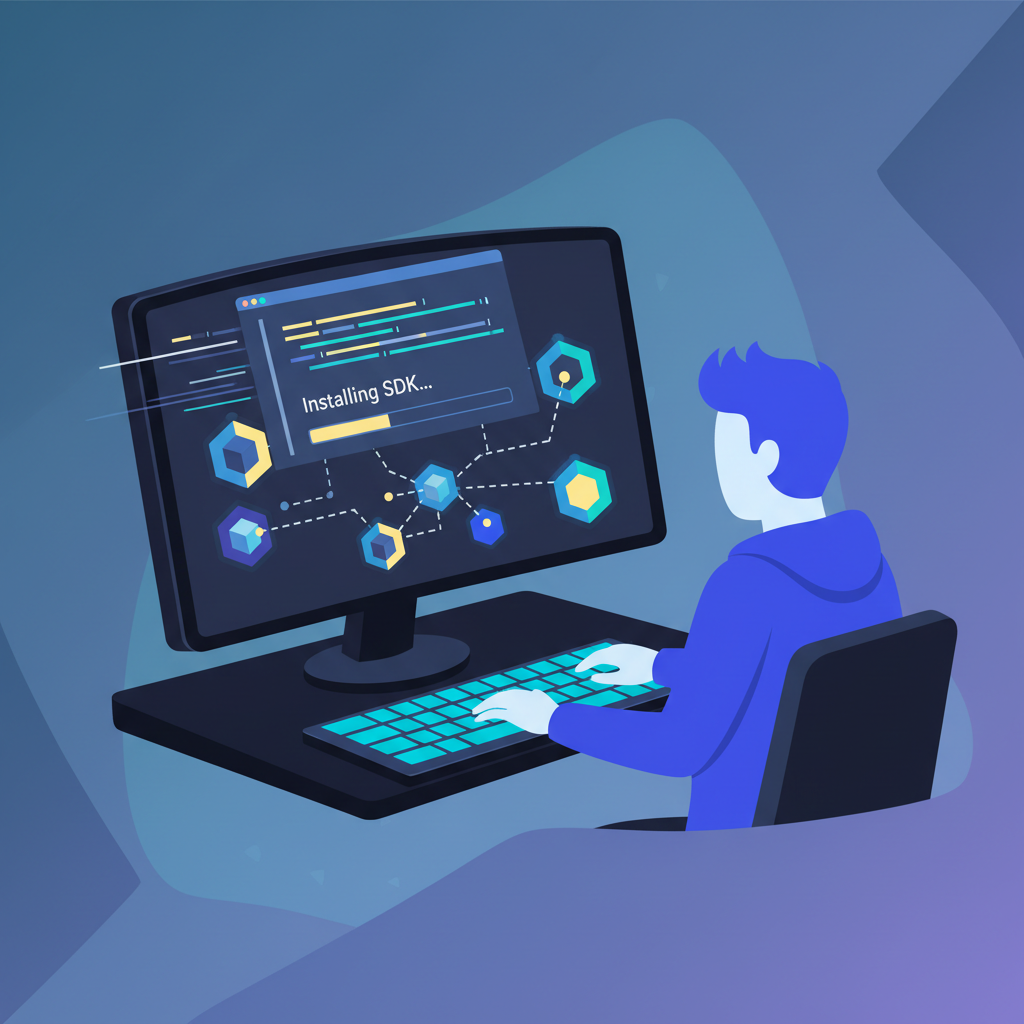 developer terminal installing SDK, code on screen, futuristic blockchain nodes connecting