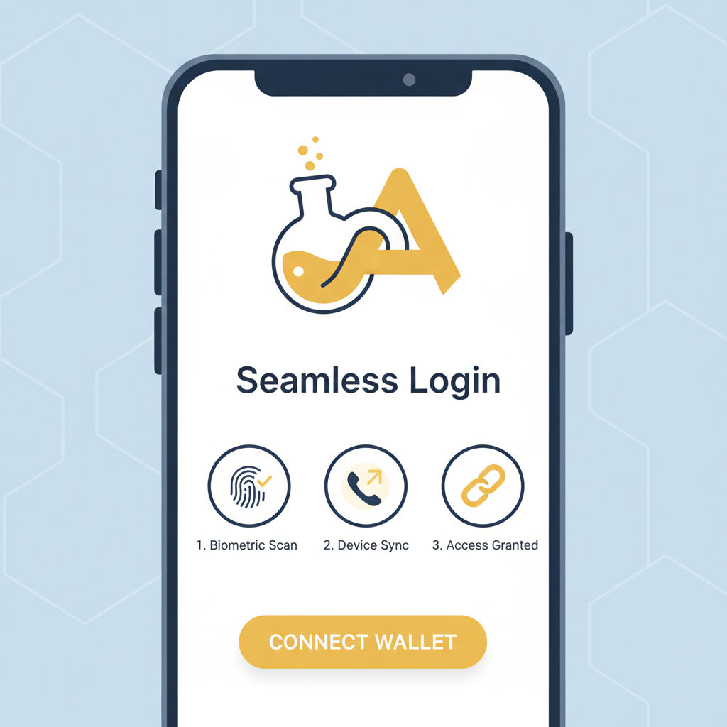 smart wallet interface on phone, alchemy and yellow logos merging, seamless login