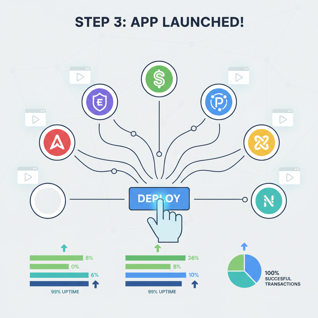 deploy button clicked, app launching across multiple chains, success metrics