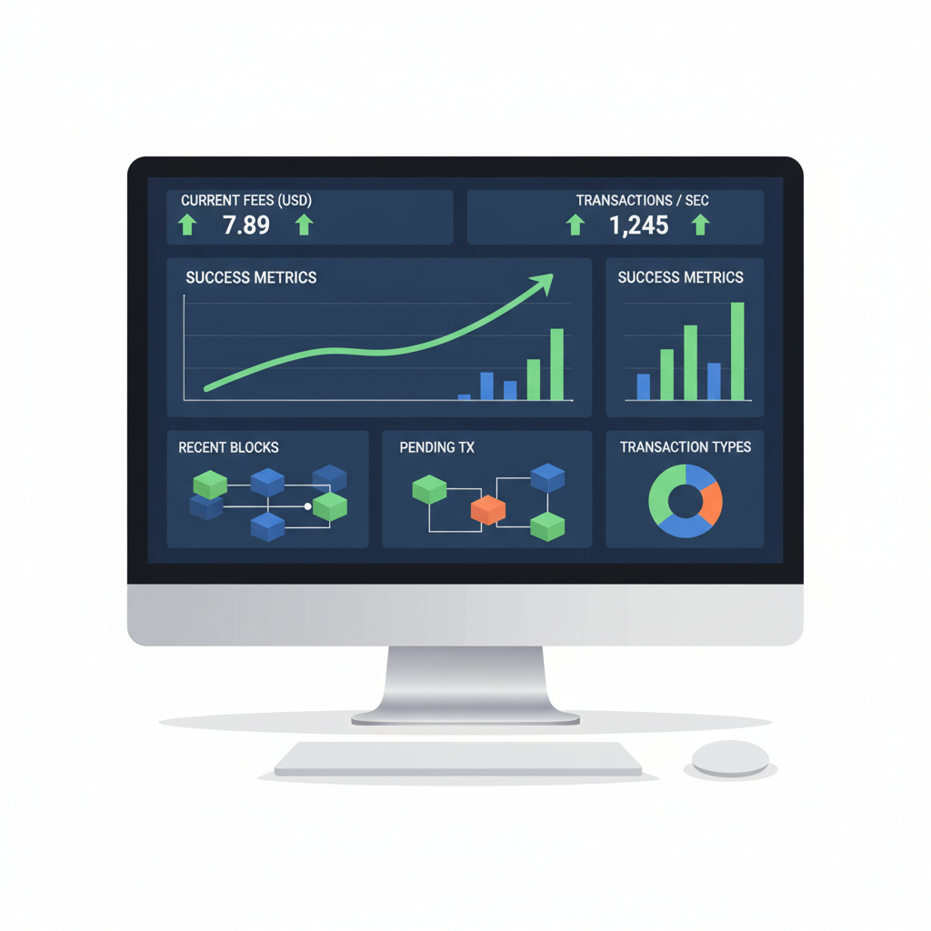 live blockchain dashboard monitoring fees and transactions, success metrics graphs rising