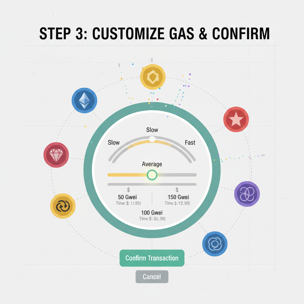 ERC-20 token icons fueling blockchain transactions, custom gas selection interface glowing
