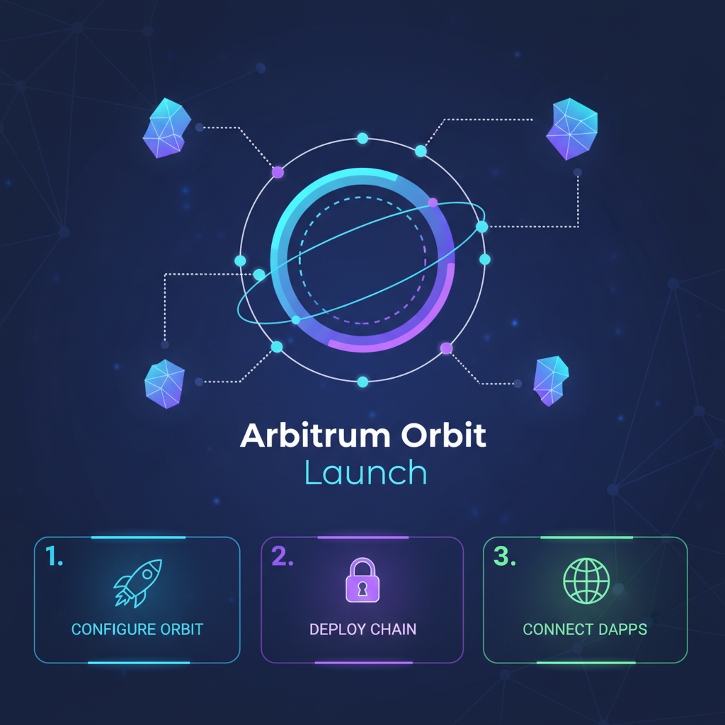 sleek dashboard launching glowing Arbitrum Orbit chain, futuristic blockchain nodes connecting