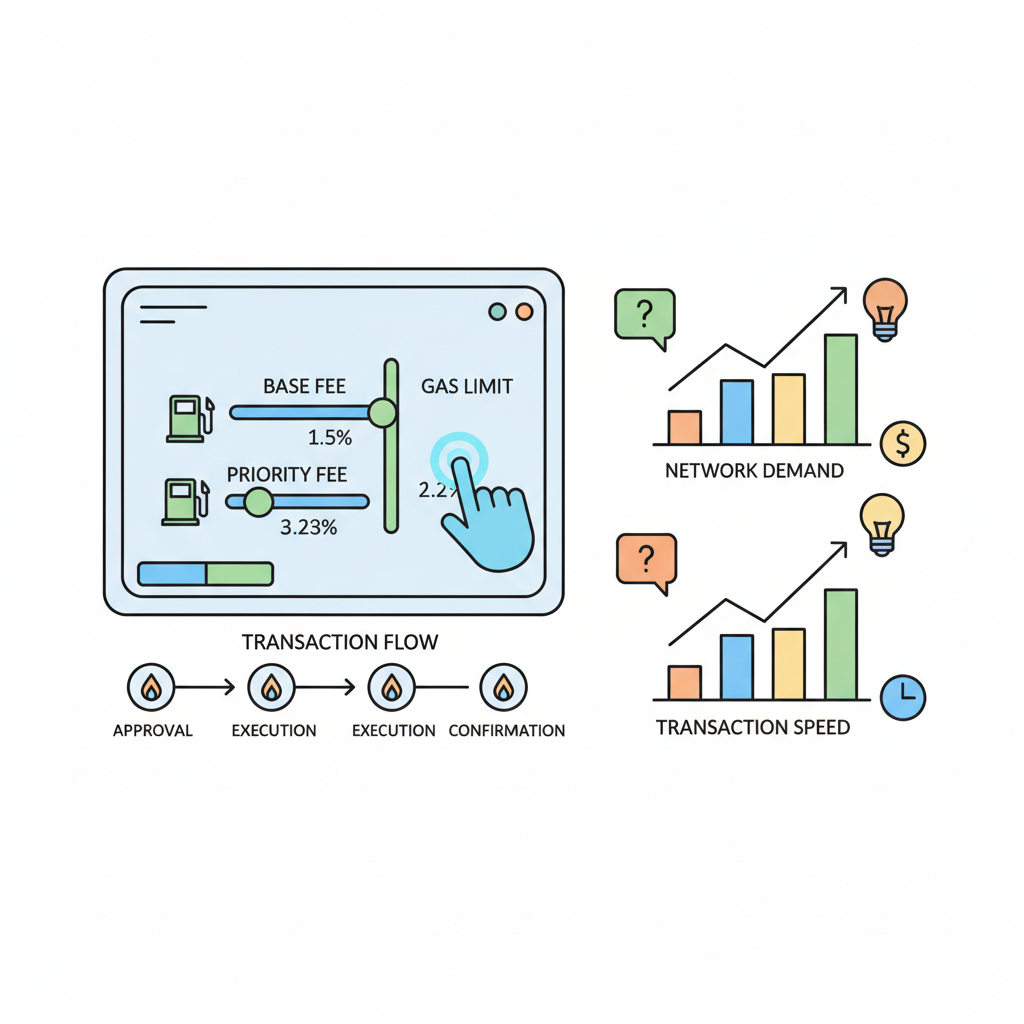 control panel adjusting fee sliders, transaction flow with gas icons, educational charts