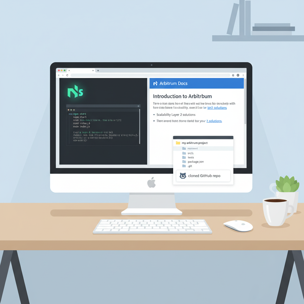 developer workstation with Node.js terminal, Arbitrum docs open, cloned GitHub repo, clean modern setup