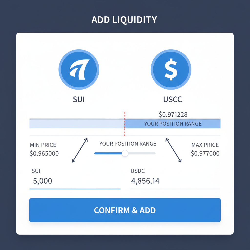 Adding liquidity to SUI/USDC position on Cetus, narrow range visualization near $0.971228