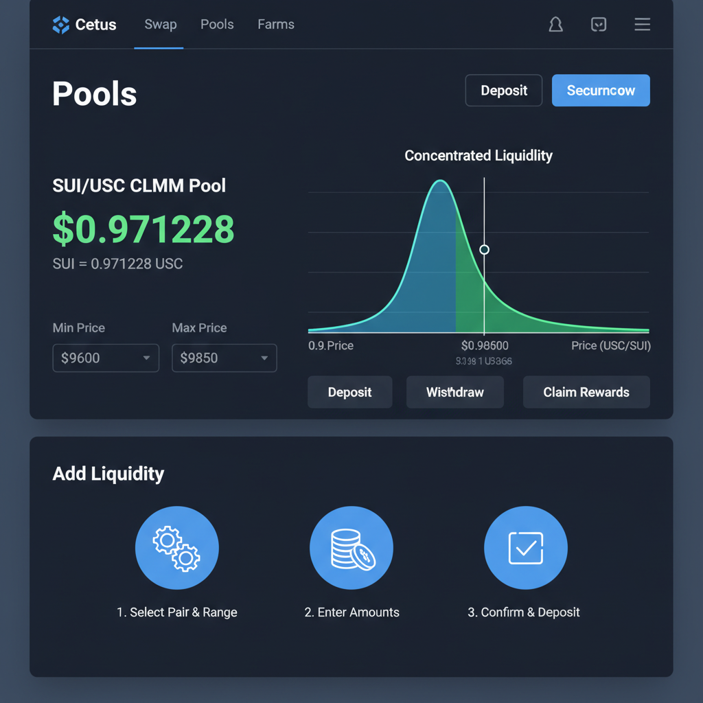 Cetus pools page highlighting SUI/USDC CLMM pool at $0.971228, concentrated liquidity graph
