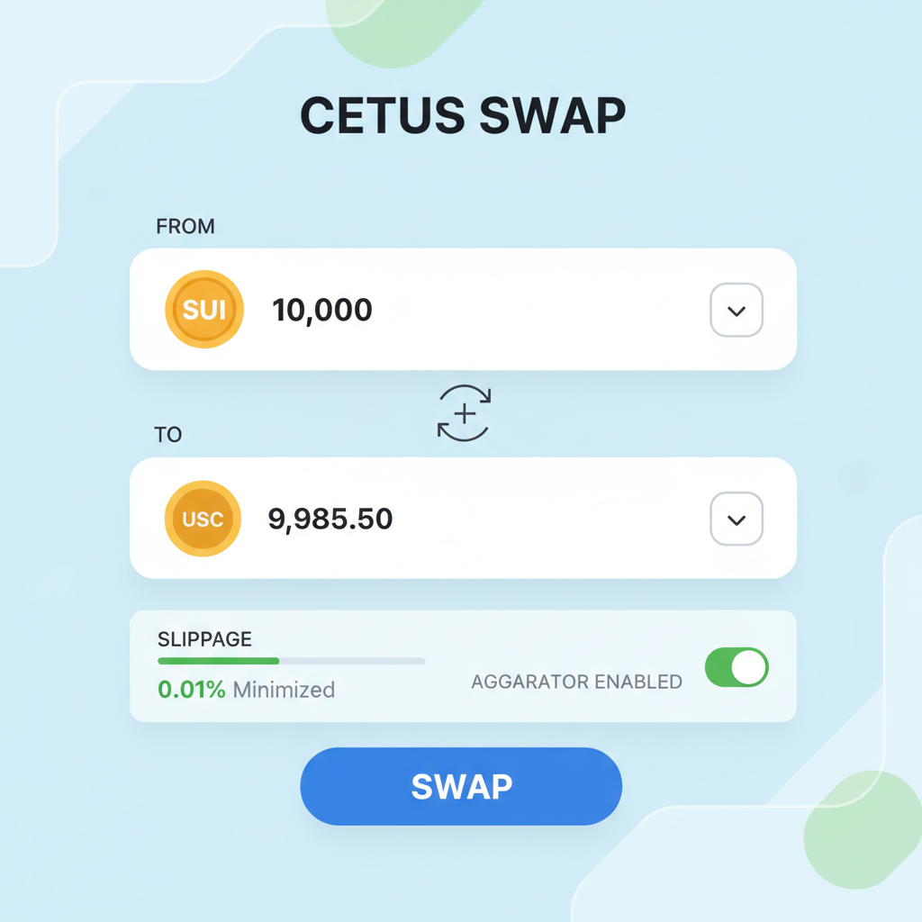 Cetus swap interface showing split large SUI to USDC trade, slippage minimized, aggregator enabled