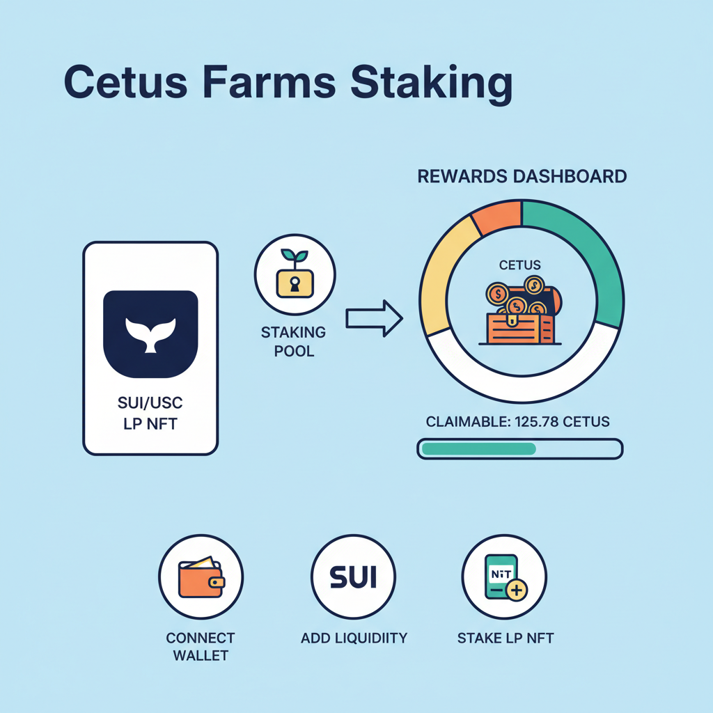 Cetus farms staking SUI/USDC LP NFT, rewards dashboard with CETUS tokens