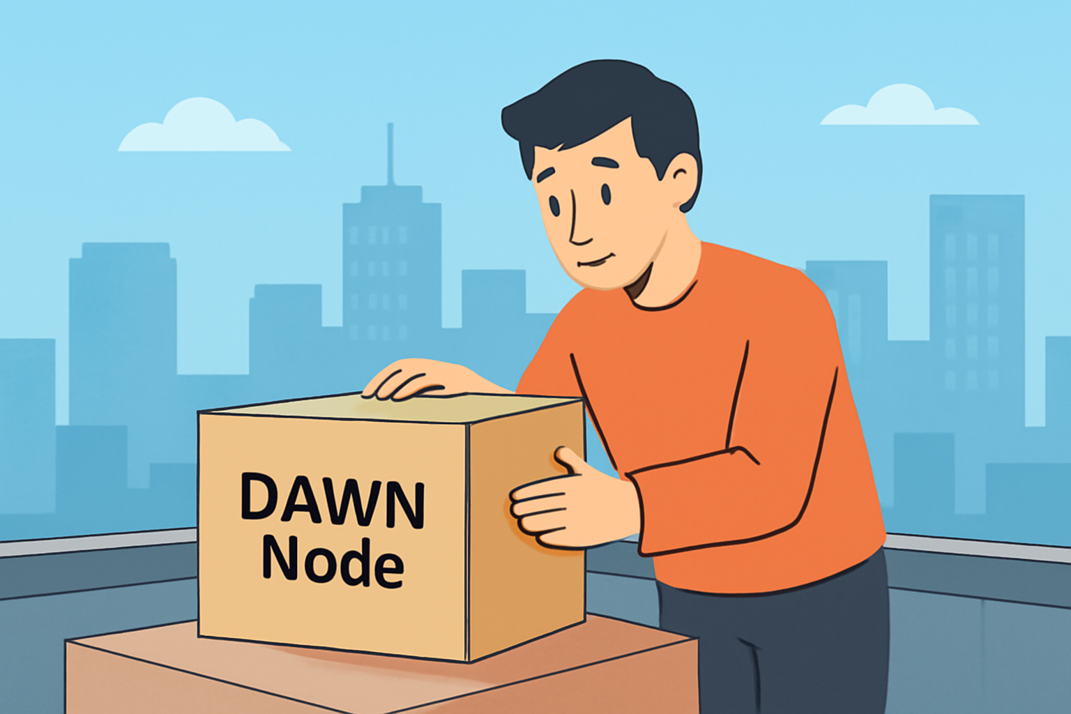 A person on a city rooftop inspecting a box labeled 'DAWN Node', with clear sky and city buildings in the background, friendly and modern style.