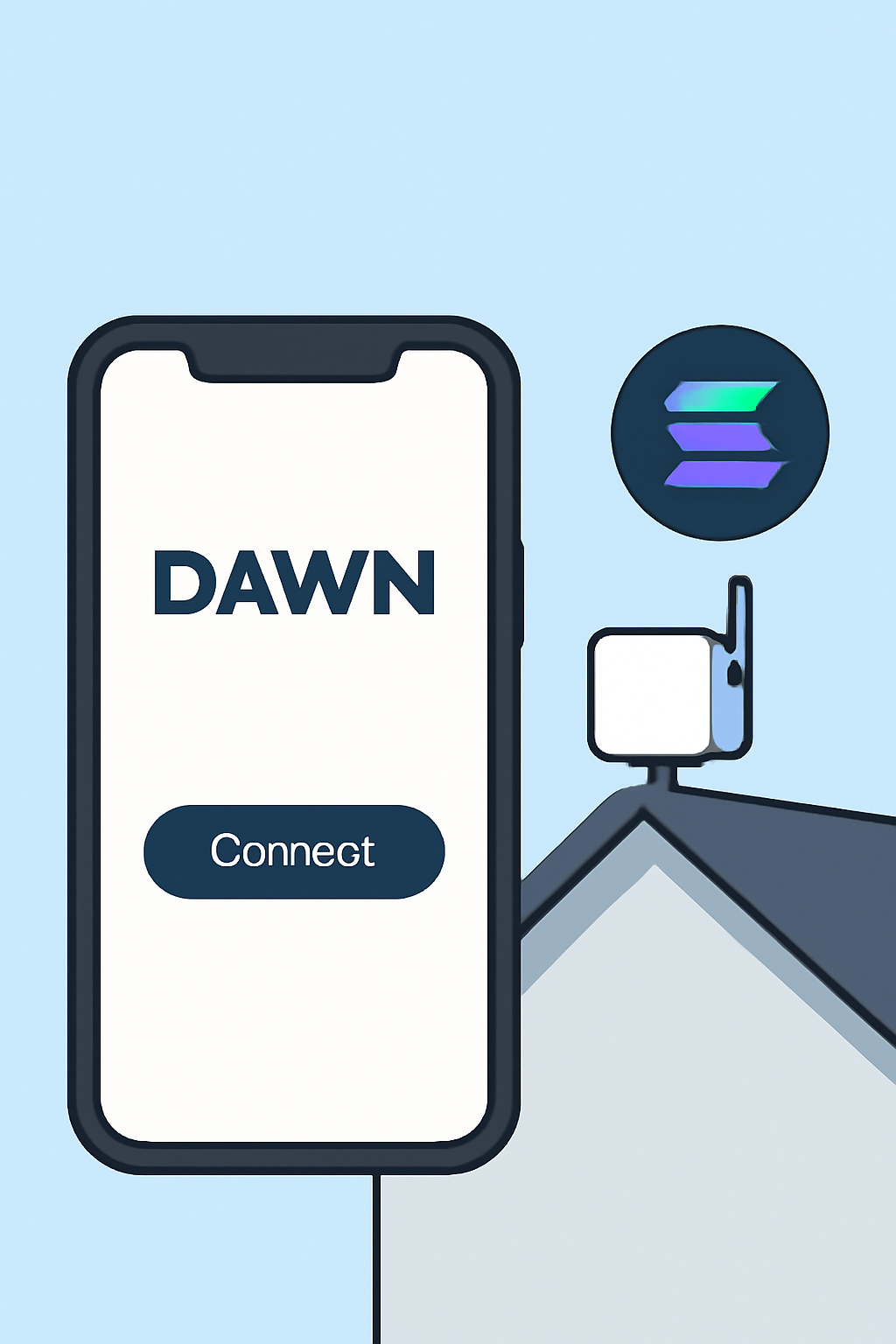 A smartphone displaying the DAWN app, with Solana logo and a rooftop device in the background, digital interface style.