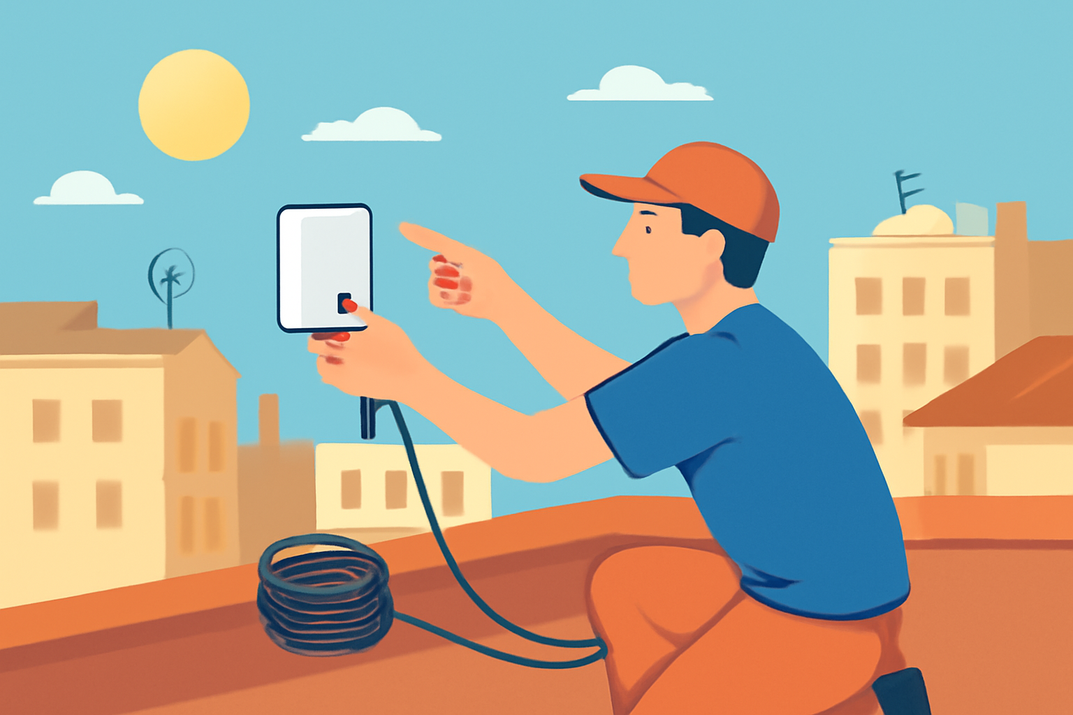 A rooftop scene with a person installing a small wireless device, connecting cables, and pointing it towards other rooftops, sunny urban setting.