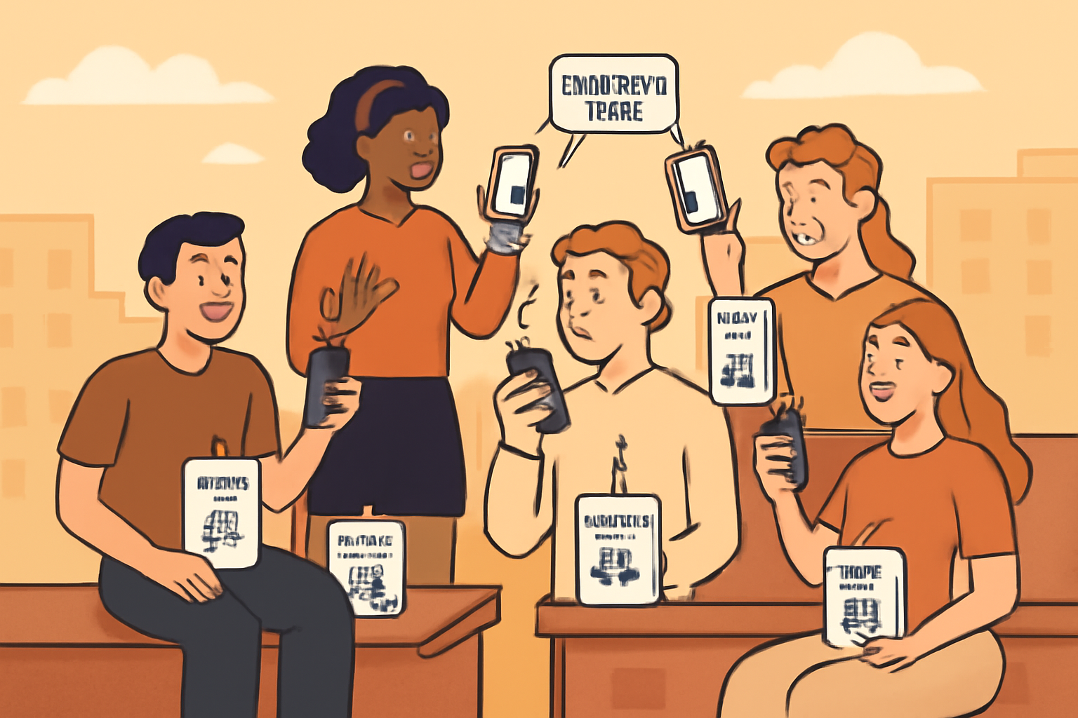 A group of friends on rooftops, each with a DAWN device, sharing referral links via smartphones, cheerful and community-focused.