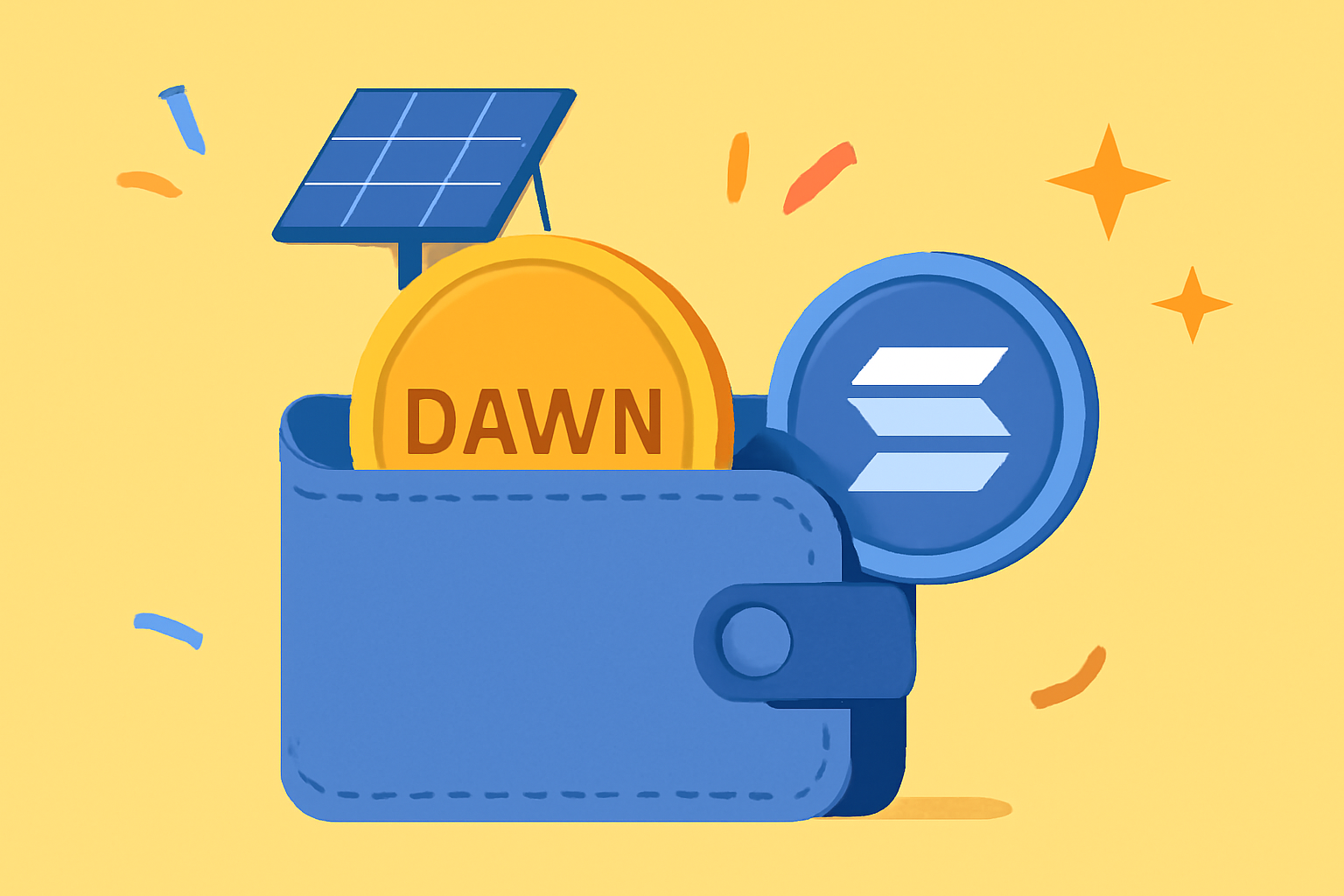 A digital wallet showing DAWN tokens, with a rooftop device and Solana coin symbols, celebratory and inviting vibe.