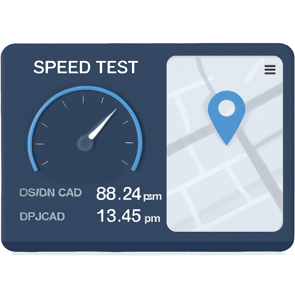 A digital dashboard showing internet speed tests and a map with a location pin, futuristic and trustworthy look.