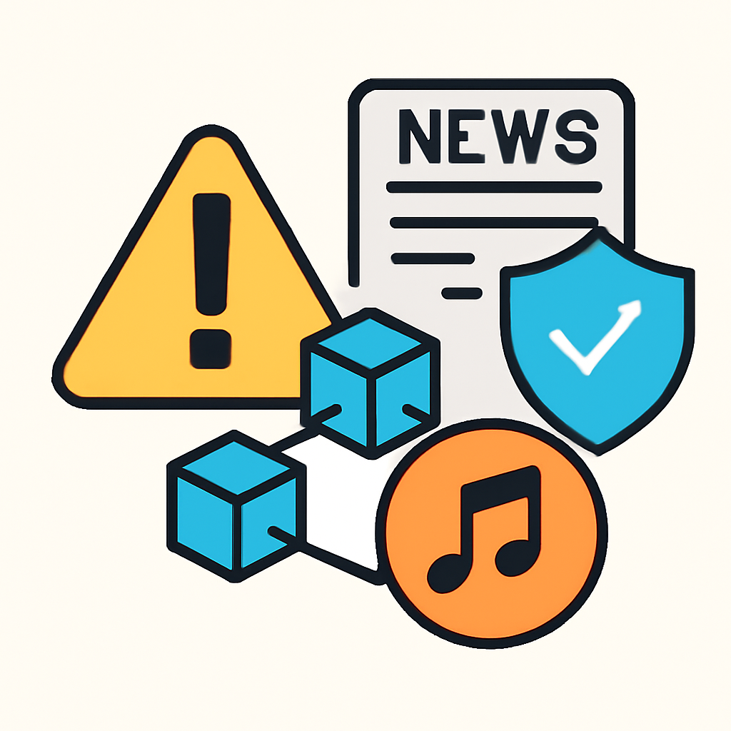 A warning sign next to a blockchain and music token, with a news feed and security shield in the background.