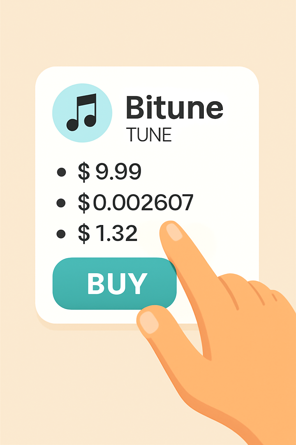 A hand clicking 'Buy' on a digital interface, with token prices and a music note symbol, highlighting Bitune (TUNE) at $0.002607.