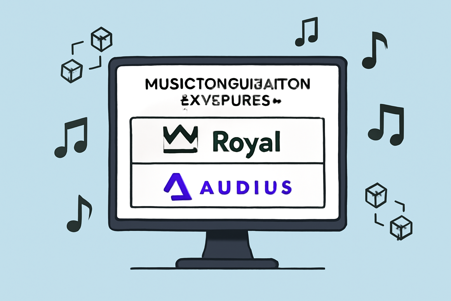 A sleek computer screen displaying popular music tokenization platforms like Royal and Audius, with digital music notes and blockchain icons.