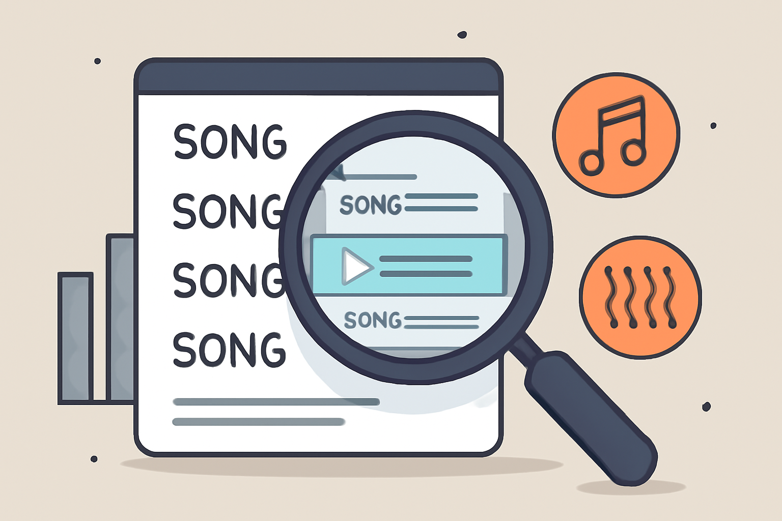 A magnifying glass over a digital list of songs, with charts and genre icons in the background.