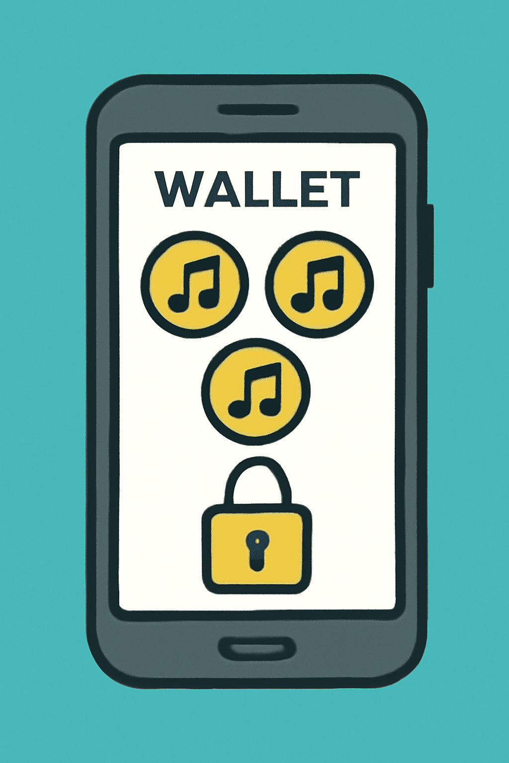 A smartphone showing a digital wallet app with music tokens and a secure lock symbol.