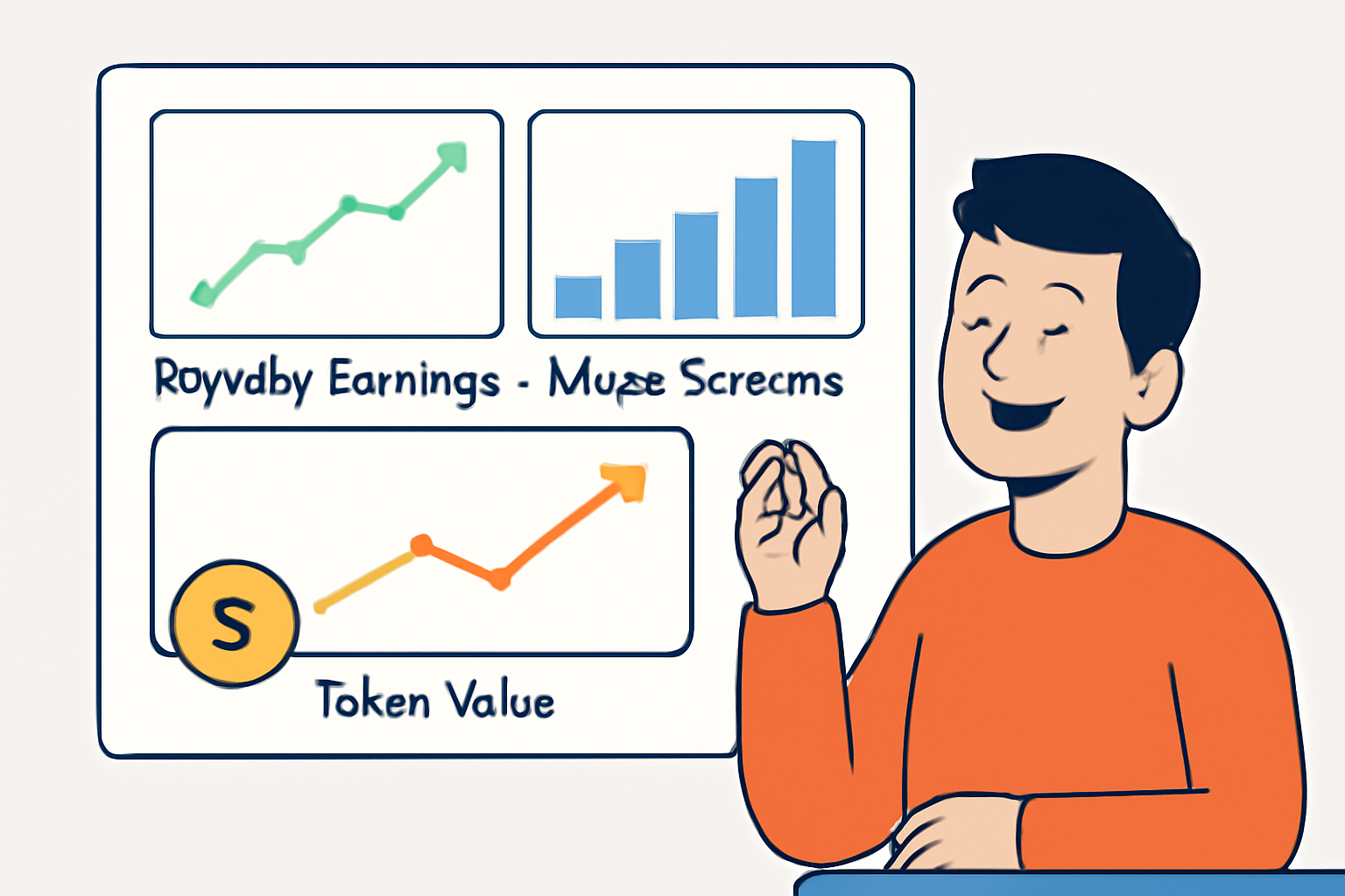 A dashboard with graphs showing royalty earnings, music streams, and token values, with a happy investor watching.